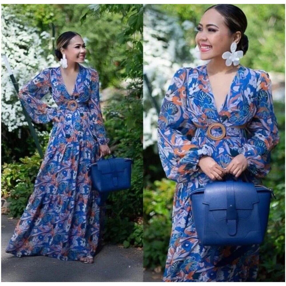 NEW Gianni Bini Lillian Maxi Dress 10 Blue Floal Cutouts Belt $269 Boho